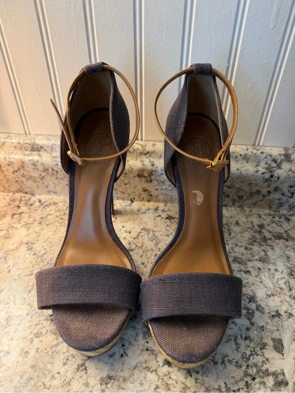 Tory Burch Amina Fabric Denim Platform Ankle-Strap Stiletto Heels Sexy 5” Linen